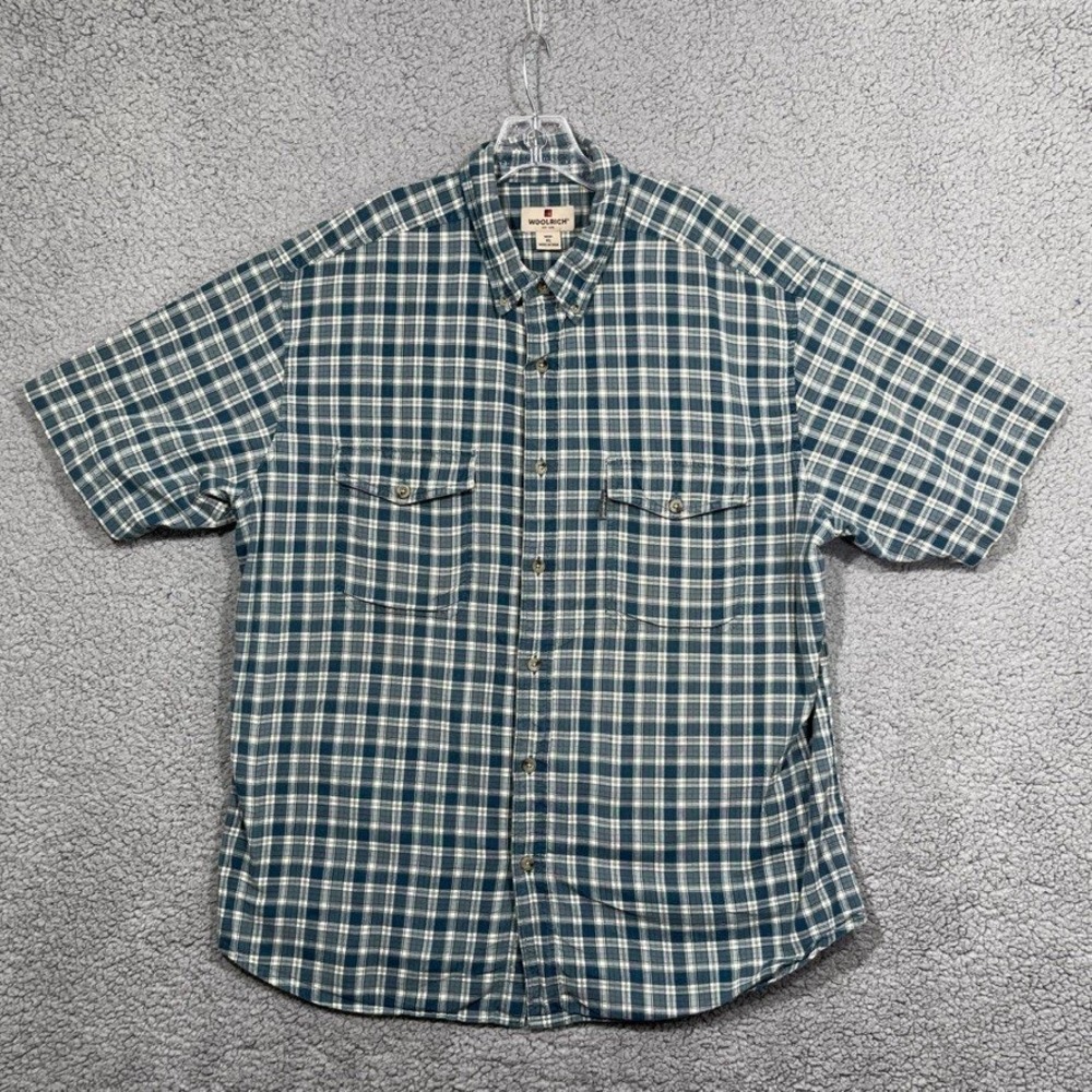 Woolrich Shirt Mens XL Blue Greenโ Plaid Short Sleeve Button Up Casual Preppy